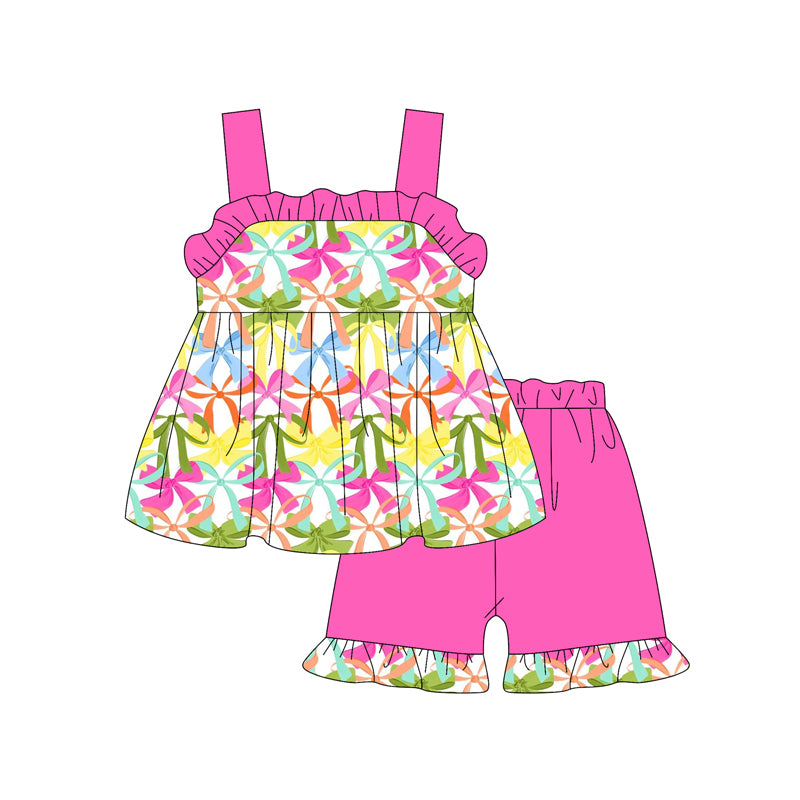 Preorder (moq 5)Baby Girls Pink Strap Colorful Bows Tunic Ruffle Short Set