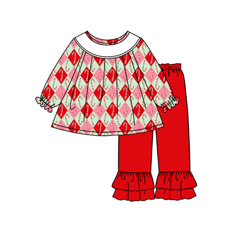 Preorder (moq 5)Baby Girls Long Sleeves Red Plaid Candy Cane Tunic Ruffle Pant Set