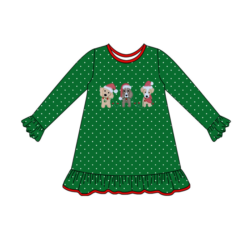 Preorder (moq 5)Baby Girls Light Dogs Polka Dots Ruffle Christmas Knee Length Dresses