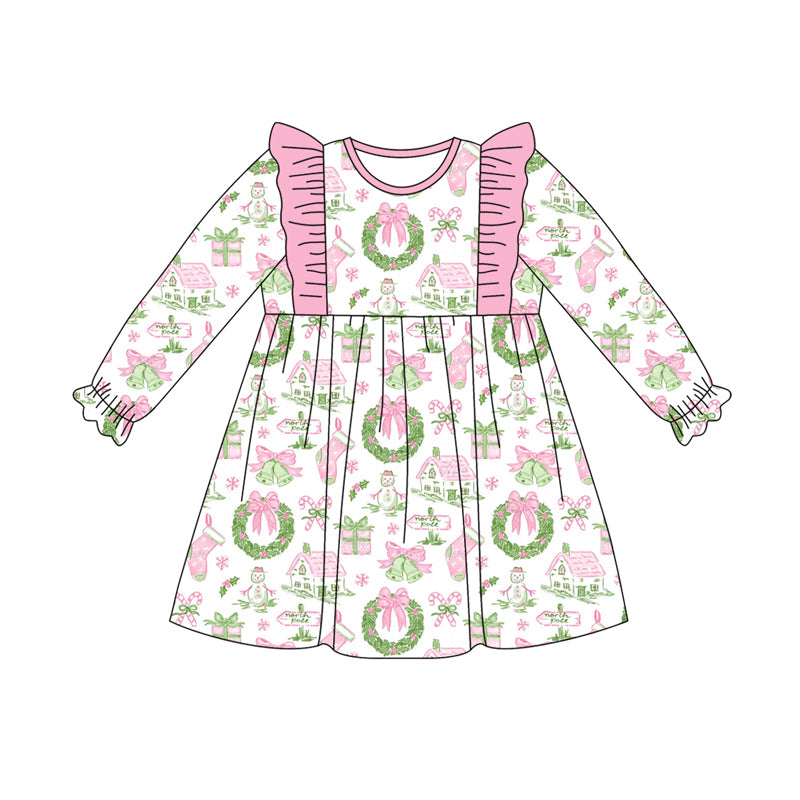 Preorder (moq 5)Baby Girls Long Ruffle Sleeves Holly Snowman Plaid Knee Length Dresses