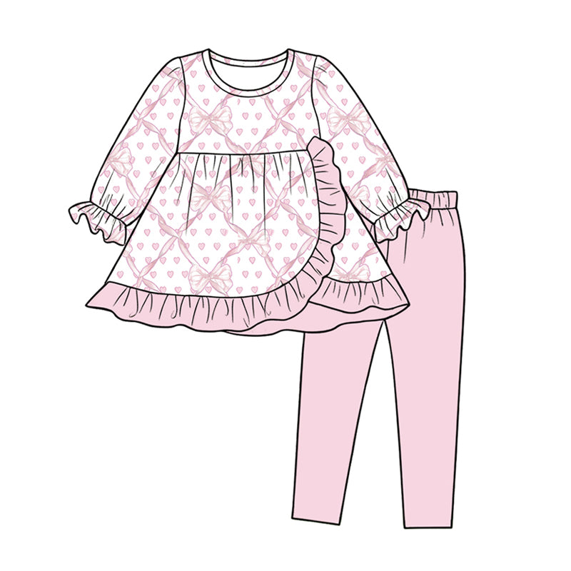 Preorder (moq 5)Baby Girls Pink Bows Hearts Tunic Leggings Pant Valentines Clothes Set