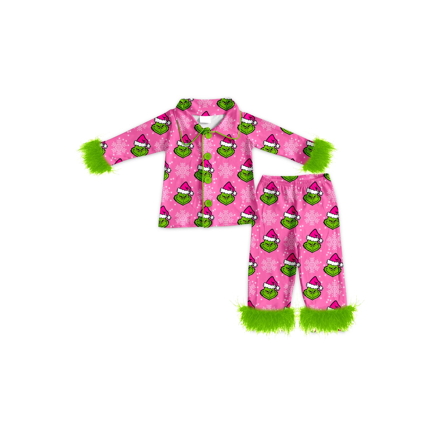 Preorder (moq 5)Baby Girls Christmas Hats Green Face Snowflake Button Fur Pajamas Set