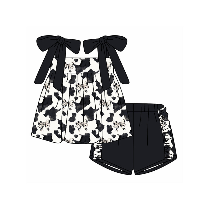 Preorder moq 5 Baby Girls Black Strap Cow Print Bows Tunic Ruffle Short Set