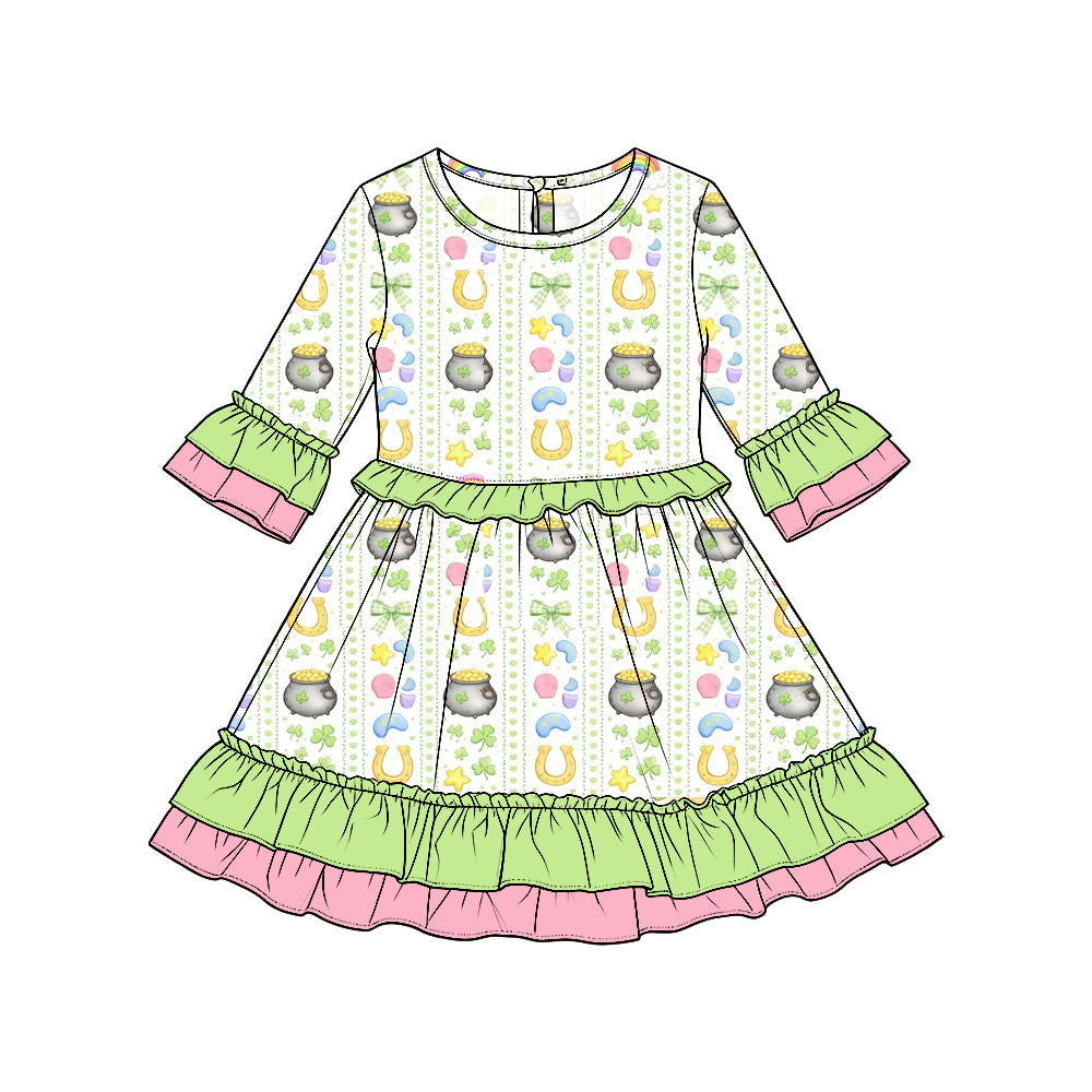 Preorder moq5 Girls’ St. Patrick’s Day Ruffle Long-Sleeve Dress, Lucky Clover & Pot of Gold Print Kids’ Holiday Dress