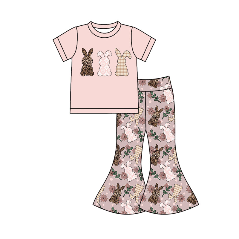 Preorder (moq 5)Baby Girls Leopard Rabbits Top Bell Bottom Pants Easter Clothes Sets