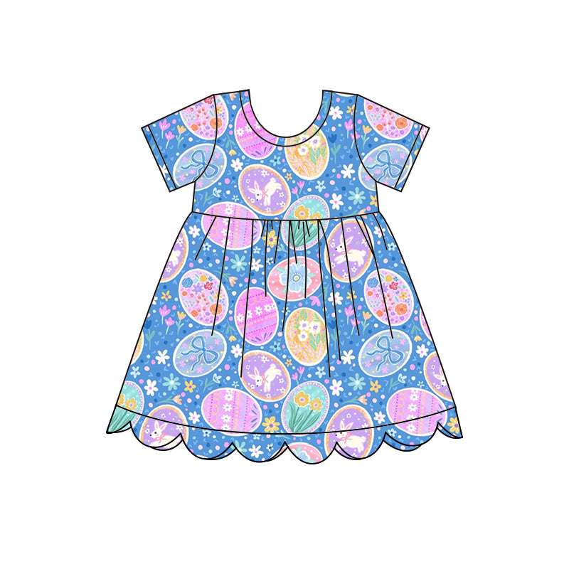 Preorder moq 5Baby Girls’ & Girls’ Spring Easter Blue Floral Rabbit Bow Print Crew Neck Short Sleeve Dress