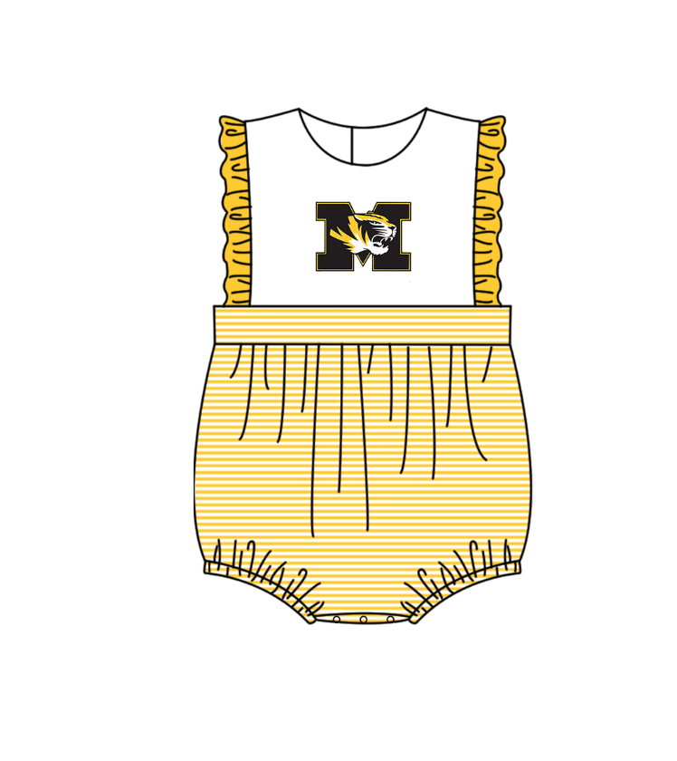 Preorder (moq 5)Baby Girls Sleeveless M Tigers Team Ruffle Rompers