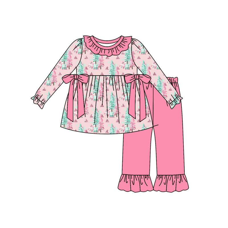Preorder (moq 5)Baby Girls Pink Long Sleeves Trees Bows Tunic Ruffle Pant Sets