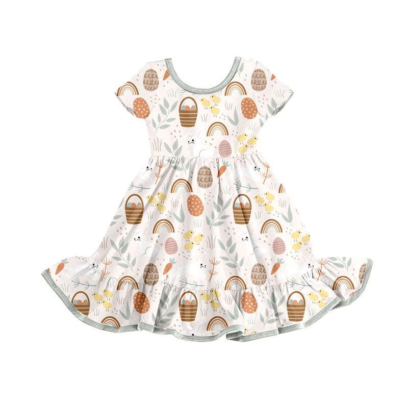 Preorder(moq 8)Baby Girls Chicks Eggs Rainbows Easter Ruffle Knee Length Dresses