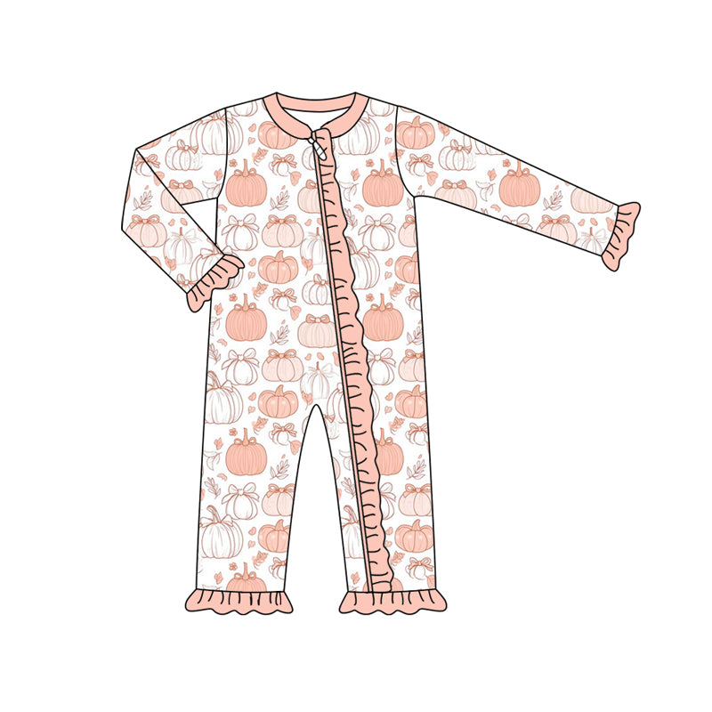 Preorder (moq 5)Baby Girls Pink Long Sleeves Flower Pumpkins Ruffle Zipper Romper