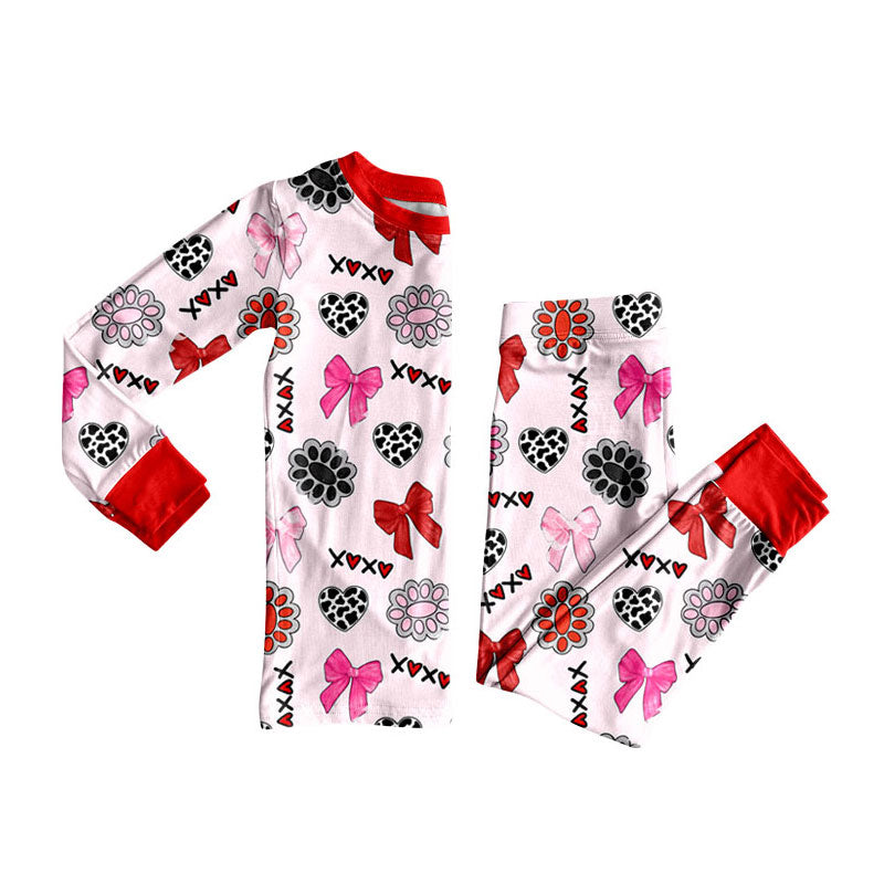 Preorder (moq 5)Baby Girls Bows Turquoises XOXO Hearts Top Pants Valentine Pajamas Sets