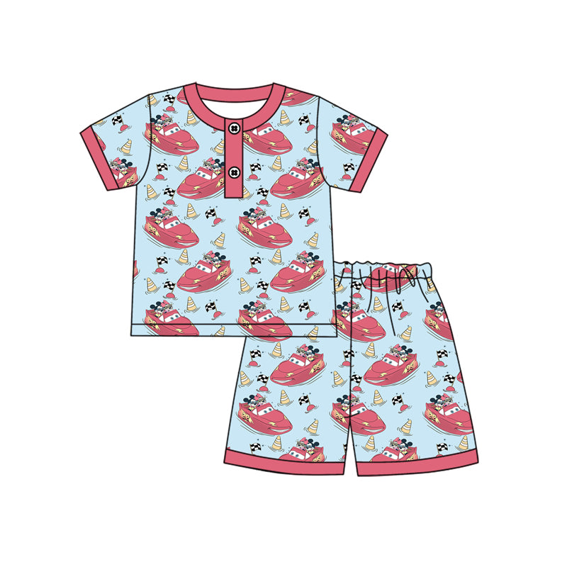 Preorder moq 5 Baby Boys Short Sleeves Cartoon Cars Flags Button Top Short Pajamas Set