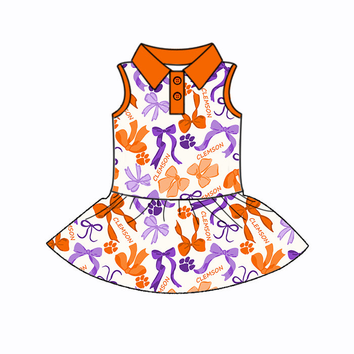 Preorder (moq 5)Baby Girls Sleeveless Orange Purple Bows Plaid Button Team Knee Length Dresses