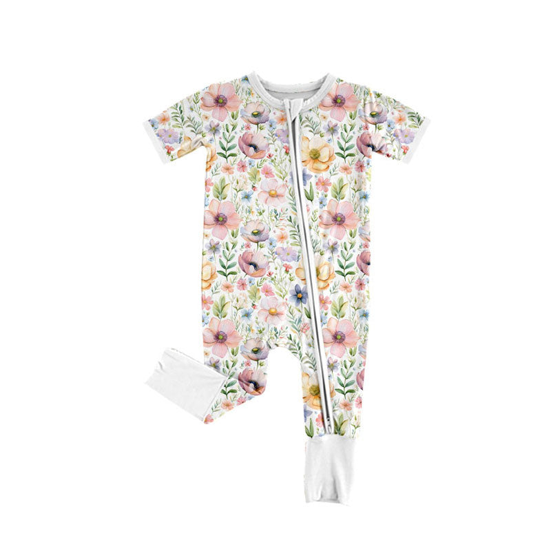 Preorder (moq 5)Baby Girls Short Sleeve Colorful Flowers Two Way Zipper Convertible Rompers