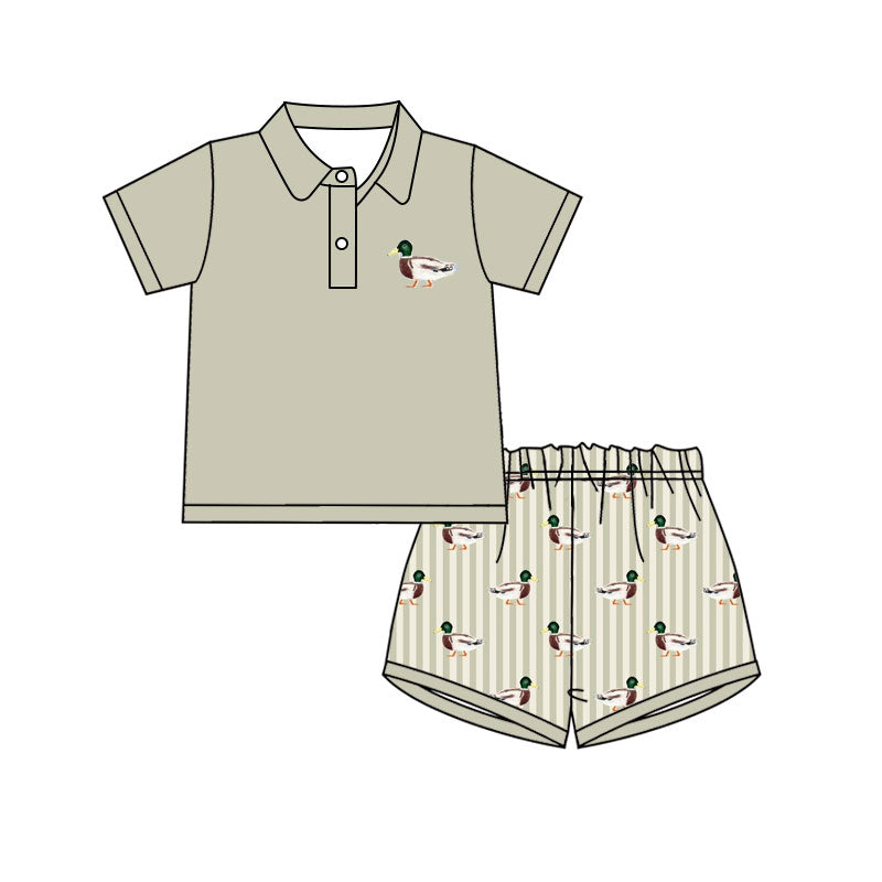 Preorder(moq 5) Baby Boys Button Ducks Polo Shirts Stripe Shorts Hunting Clothes Sets