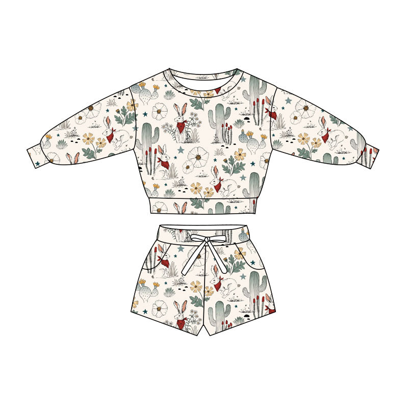 Preorder(moq 5) Baby Girls Flowers Rabbits Long Sleeve Pockets Shorts Easter Clothes Sets