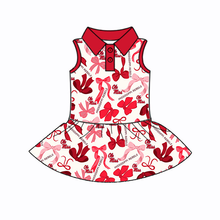 Preorder (moq 5)Baby Girls Red Sleeveless Ole Miss Bows Plaid Button Team Knee Length Dresses