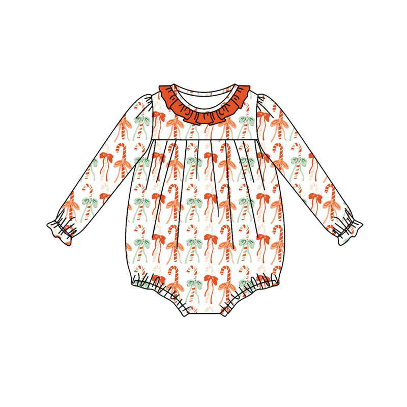 Preorder (moq 5)Baby Girls Long Ruffle Sleeves Orange Bows Candy Cane Stripe Bummies Rompers