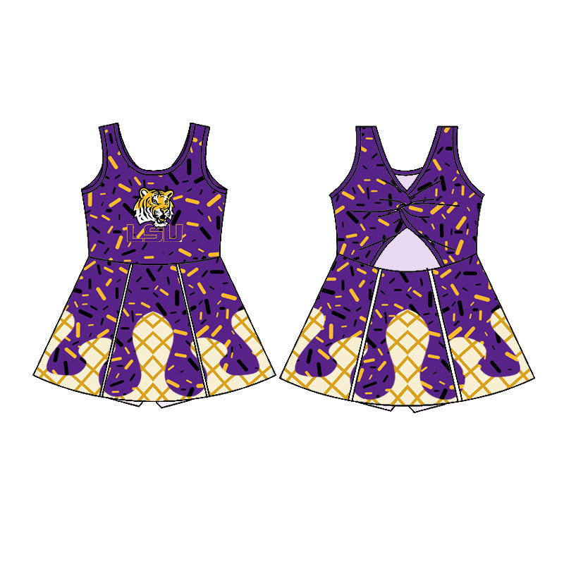 Preorder (moq 5)Baby Girls Purple Sleeveless Tiger LSU Drip Short Team Knee Length Dresses