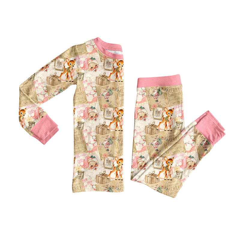 Preorder (moq 5)Baby Girls Pink Long Sleeves Santa Deer Top Pant Pajamas Set