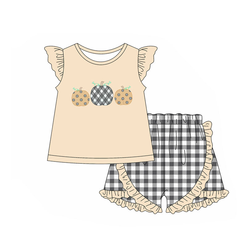 Preorder (moq 5)Baby Girls lvory Flutter Sleeves Bows Pumpkins Top Gray Plaid Ruffle Shorts Set