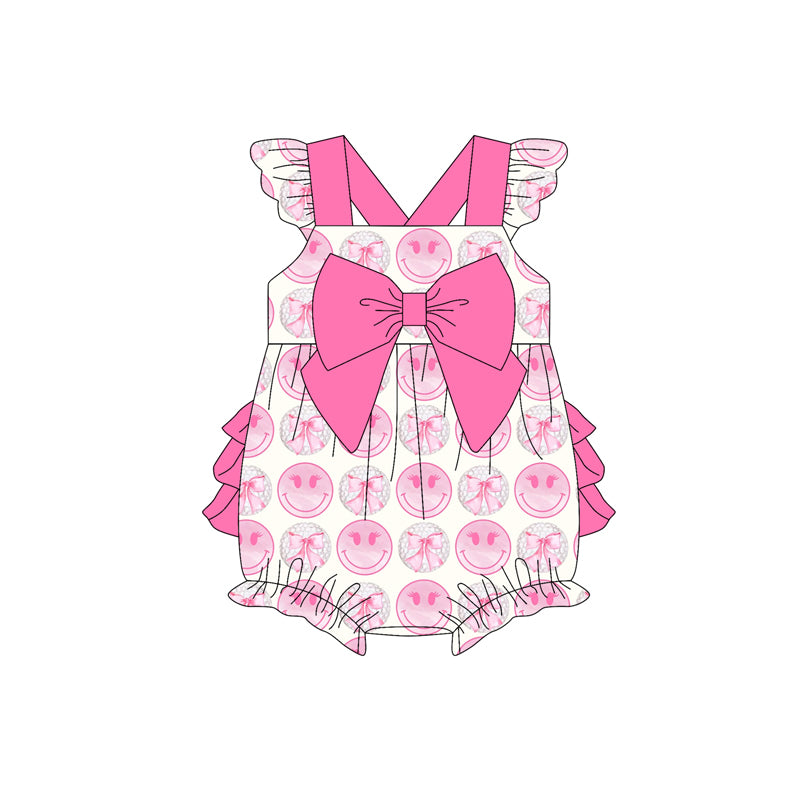 Preorder (moq 5)Baby Girls Pink Flutter Sleeves Smiles Bows Ruffle Bubble Rompers