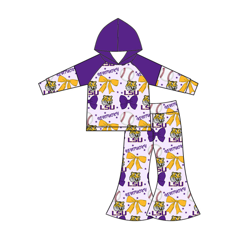 Preorder (moq 5)Baby Girls Long Sleeves Baseballs Bows LSU Tiger Hoodie Top Bell Bottom Pant Team Set