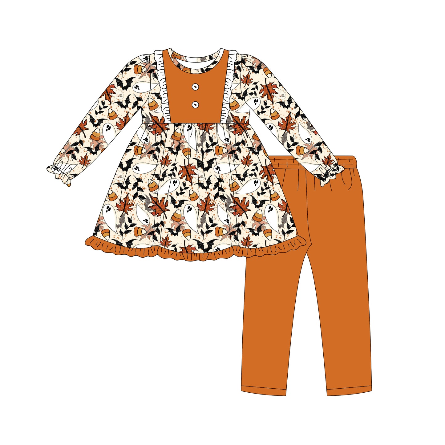Preorder (moq 5)Baby Girls Long Ruffle Sleeves Bats Ghosts Button Tunic Legging Pant Set