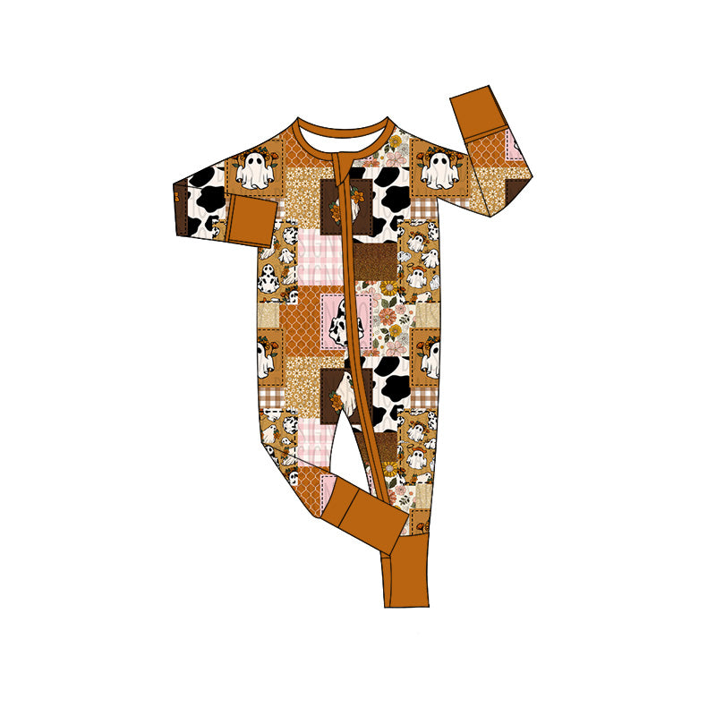 Preorder (moq 5)Baby Boys Halloween Western Ghost Orange Zip Long Sleeves Rompers