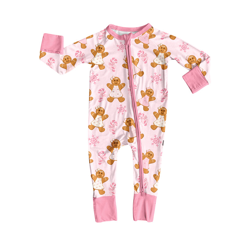 Preorder (moq 5)Baby Girls Long Sleeves Pink Bows Candy Cane Gingerbread Zipper Romper