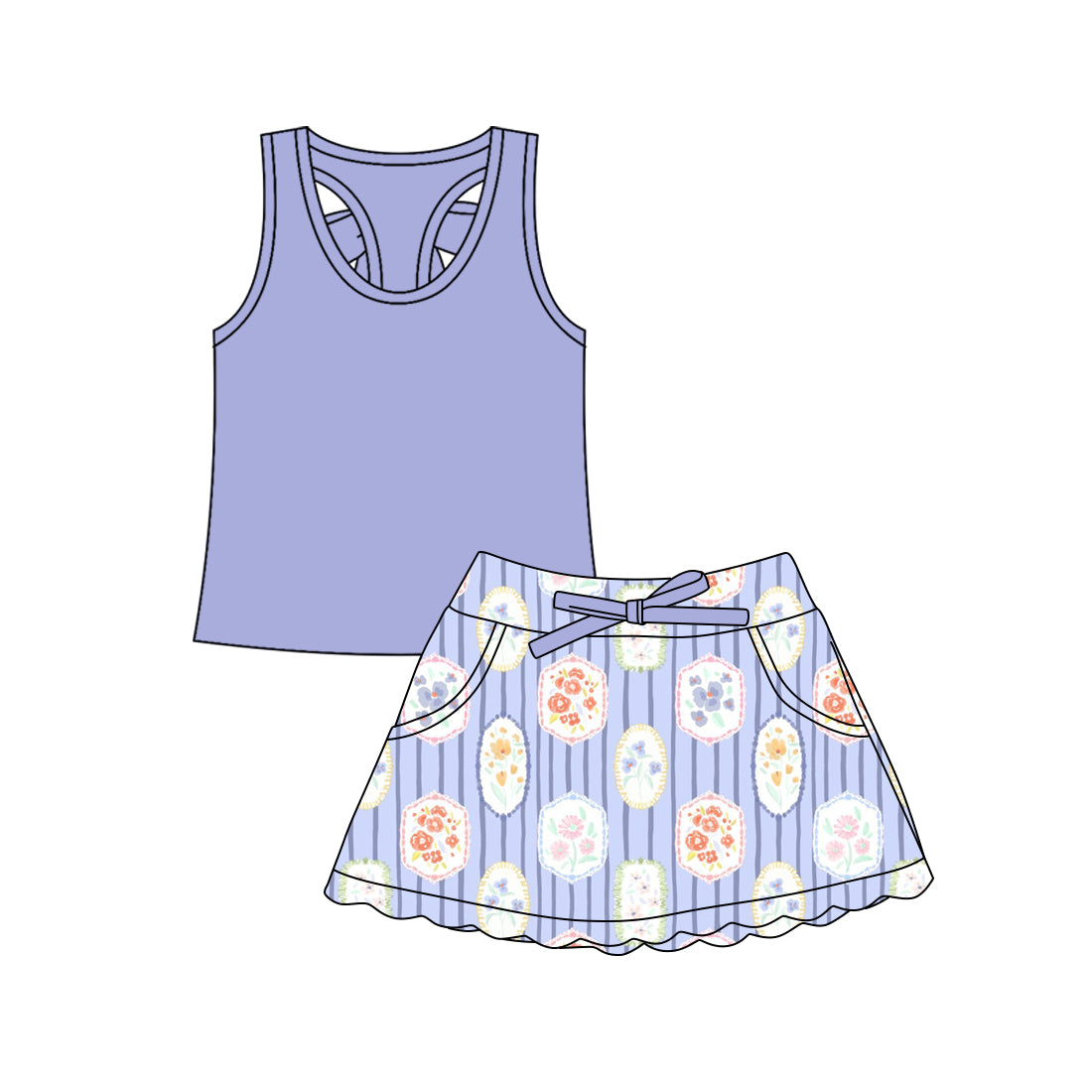 Preorder (moq 5)Baby Girls Purple Vests Flowers Stripe Scallop Pockets Skirt Shorts Clothes Sets