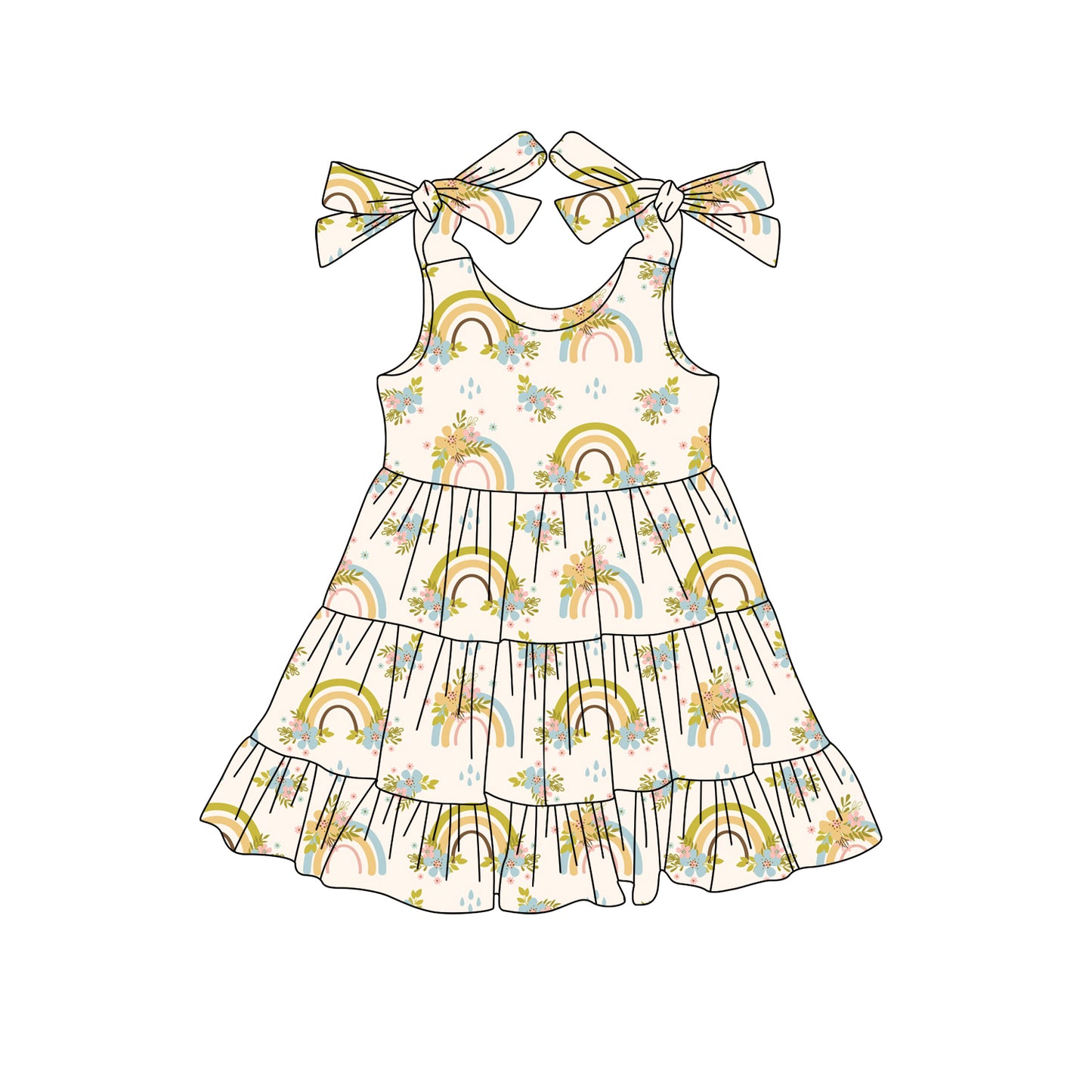 Preorder (moq 5)Baby Girls Strap Yellow Rainbows Floral Knee Length Dresses