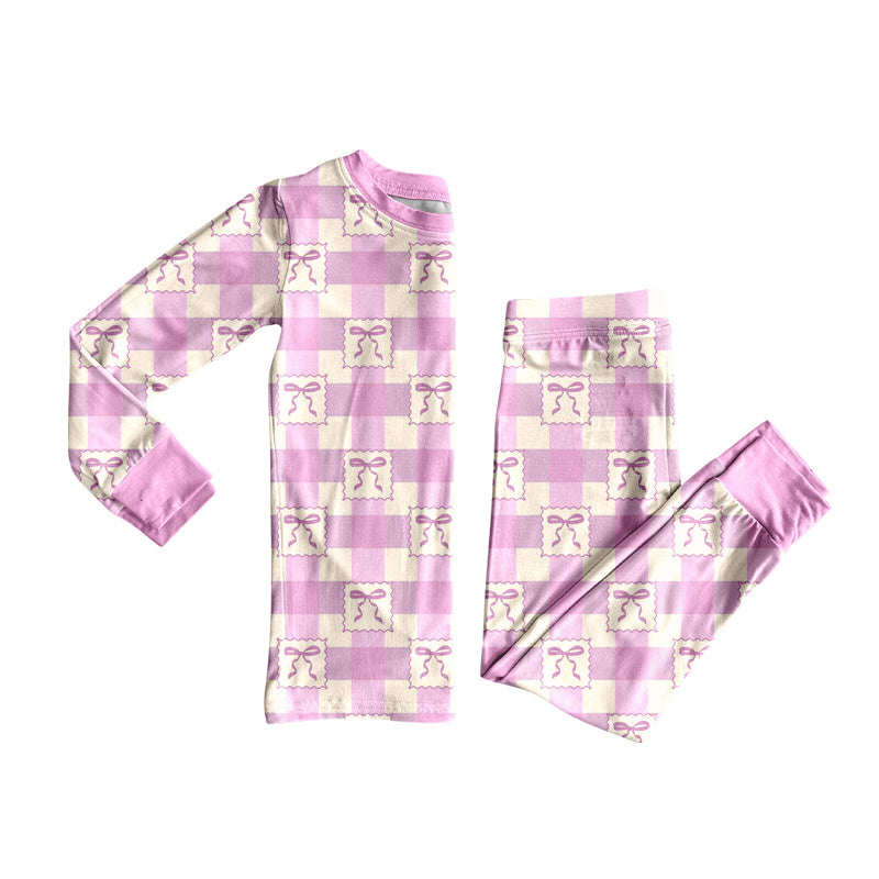 Preorder(moq 5) Baby Girls Pink Checkered Bows Top Pants Lounge Wear Pajamas Sets