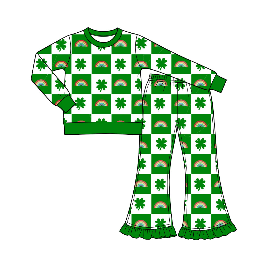 Preorder (moq 5) Baby Girl Clothes St Patrick Checker Clover Rainbow Allover Print Long Sleeve Top Ruffle Flare Pant Set