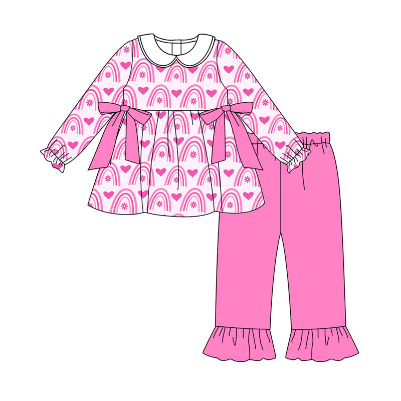 Preorder (moq 5)Baby Girls Pink Rainbows Hearts Bows Tunic Ruffle Pants Valentine Clothes Set
