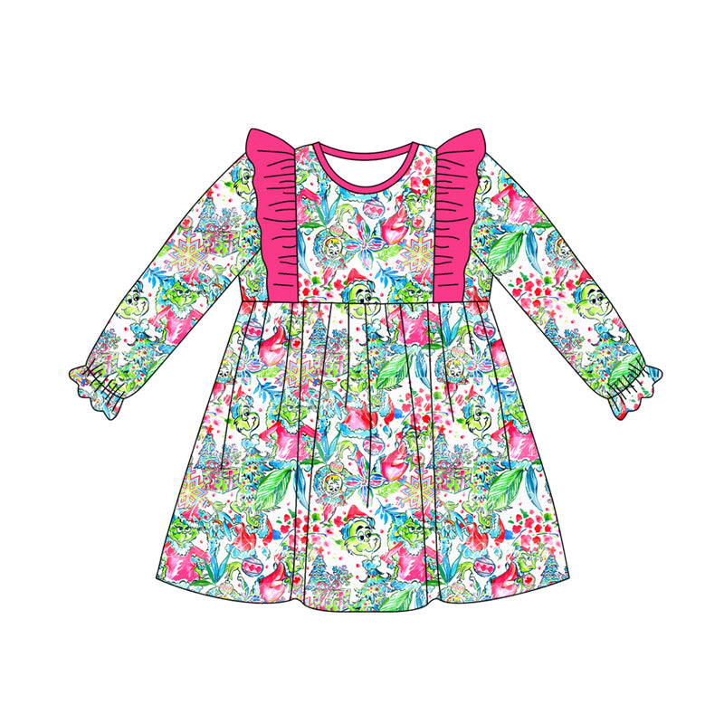 Preorder (moq 5)Baby Girls Green Face Floral Christmas Knee Length Dress