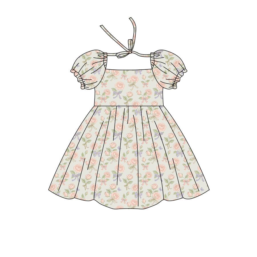 Preorder (moq 5)Baby Girls Short Ruffle Sleeve Colorful Flowers Bows Knee Length Dresses