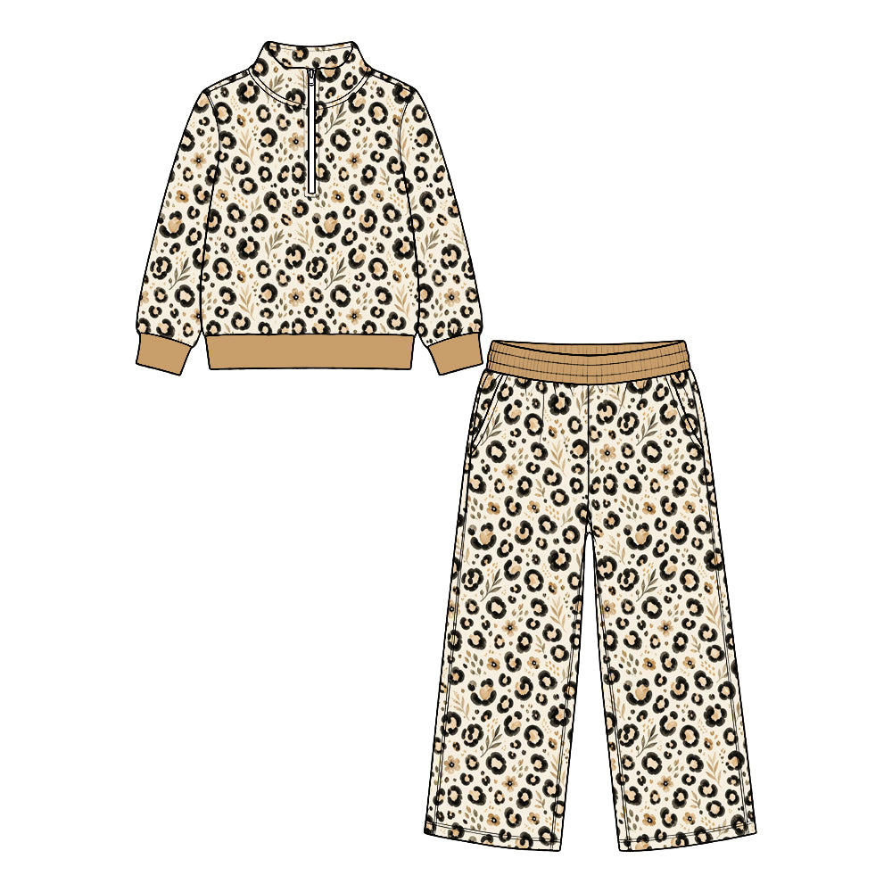 Preorder (moq 5) Baby Girl Clothes Leopard Floral Print Long Sleeve Half Zip Top Wide Leg Pant Set