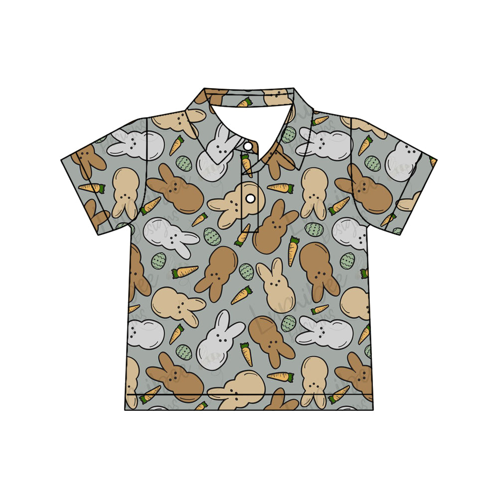 Preorder (moq 5)Boys Easter Orange Bunny With Carrot Collared Short-Sleeve Button-Up Shirt