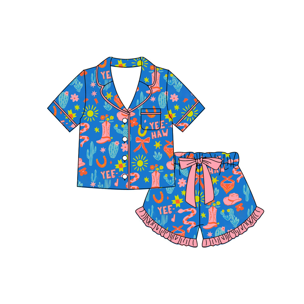 Preorder moq 5 Baby Girls Boots Cactus Snakes Button Pocket Top Ruffle Shorts Western Pajamas Sets