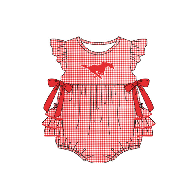 Preorder moq 5 Baby Girls Red Plaid Flutter Sleeves Bows Horses Team Rompers