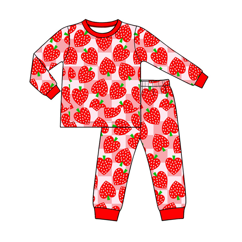 Preorder (moq 5) Baby Girl Clothes Red Check Strawberry Heart Mixed Print Long Sleeve Pajama Set