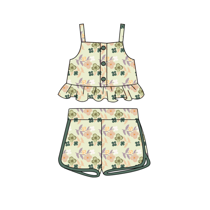 Preorder (moq 5)Baby Girls Green Leaves Straps Top Shorts Clothes Sets