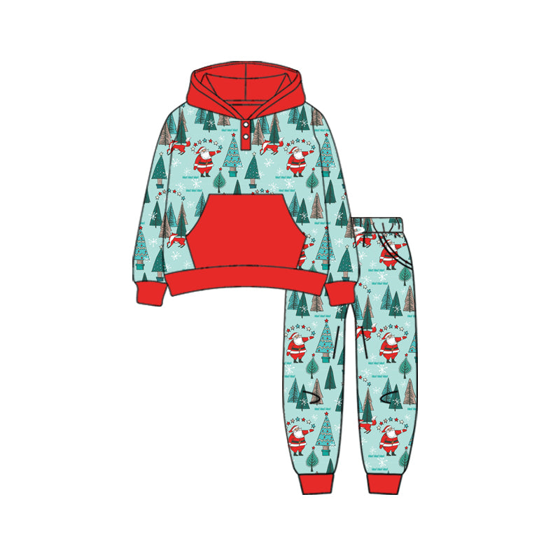 Preorder (moq 5)Baby Boys Long Sleeves Santa Trees Plaid Button Pocket Hoodies Legging Pants Set
