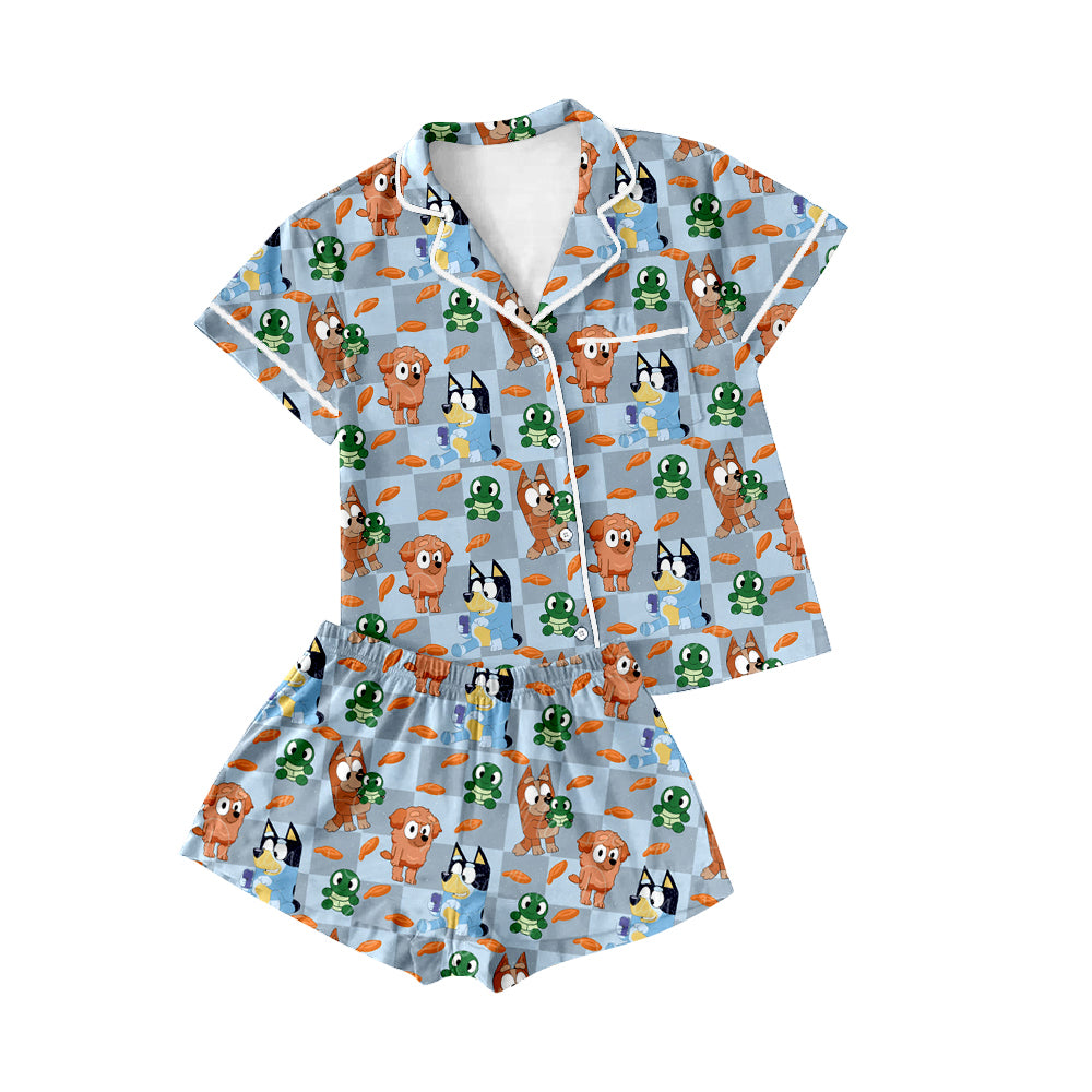 Preorder(moq 5)Adult Women Cartoon Dogs Lapel Button Tee Shirts Shorts Pajamas Sets