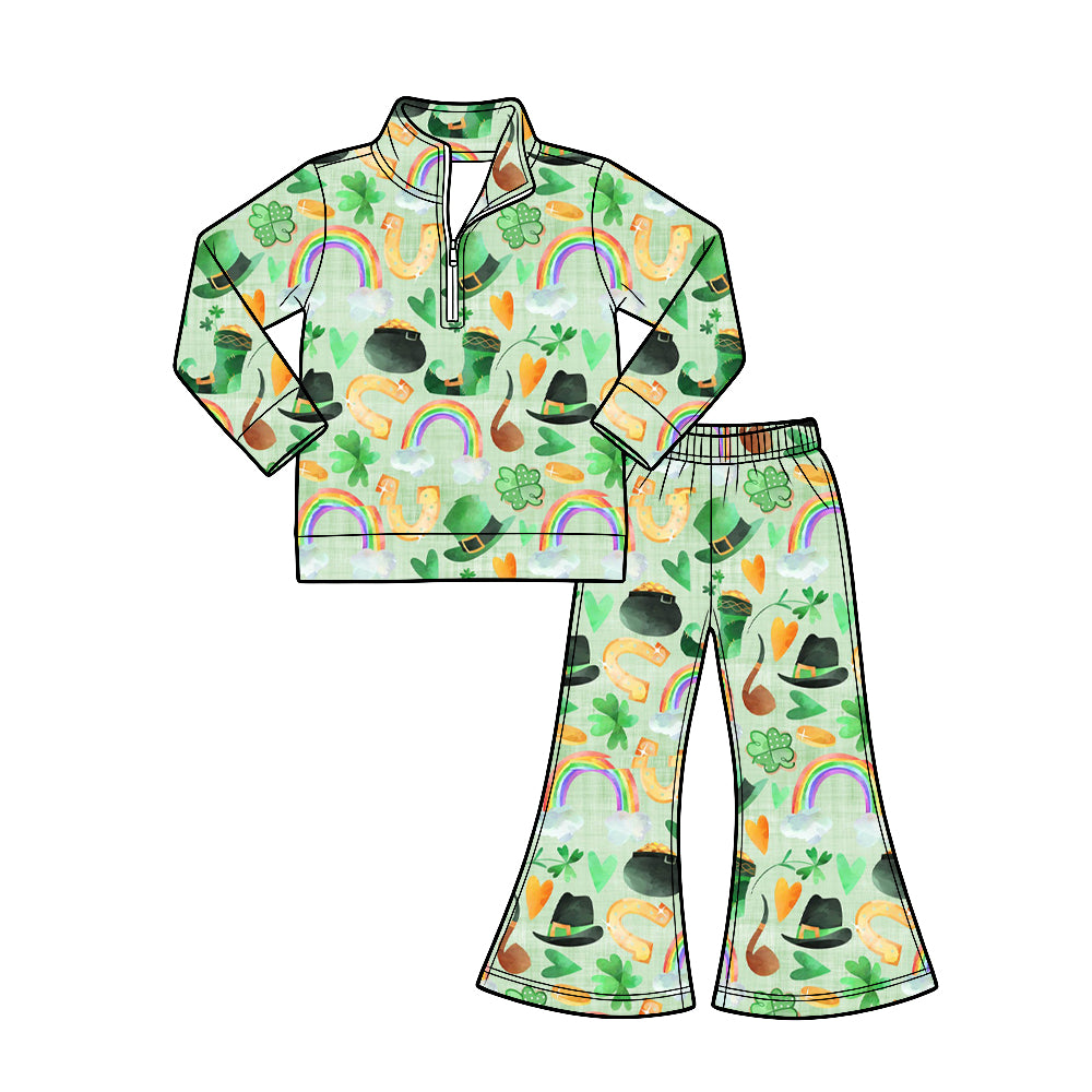 Preorder (moq 5) Baby Girl Clothes St Patrick’s Day Rainbow Leprechaun Print Long‑sleeve Quarter Zip Top Flare Pants Set