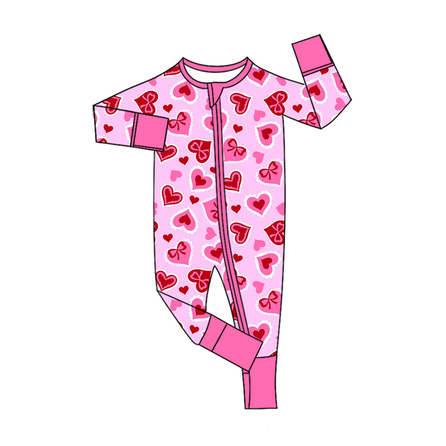 Preorder moq 5 Baby Girls’ Fall Valentine’s Day Pink Heart Long-Sleeve Hooded Romper