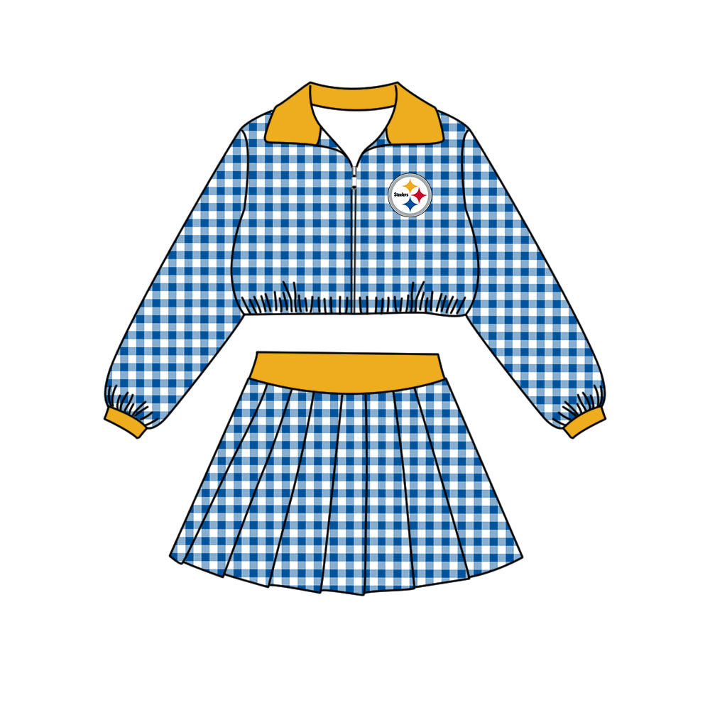 Preorder (moq 5)Baby Girls Blue Checked Steeles Zip Pullovers Short Team Clothes Set