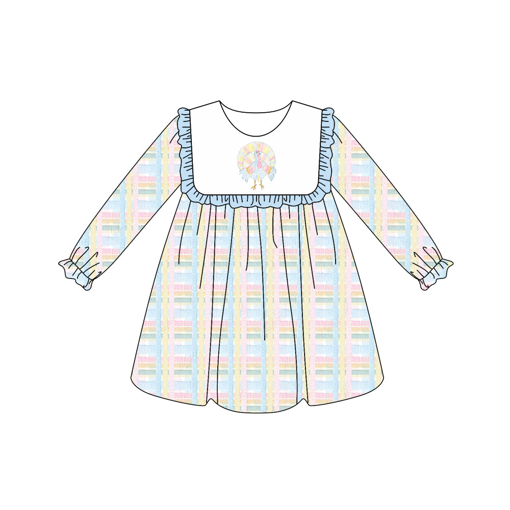 Preorder (moq 5)Baby Girls Long Ruffle Sleeves Light Blue Turkey Plaid Knee Length Dresses