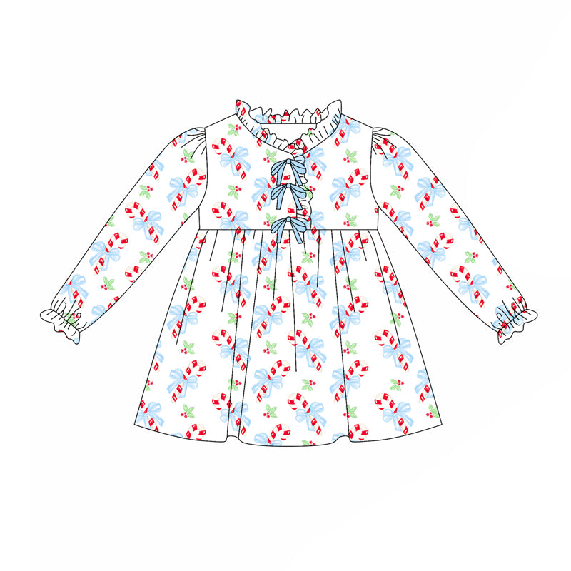 preorder(moq 5) Baby Girls Long Sleeves Blue Bows Candy Cane Plaid Knee Length Dress